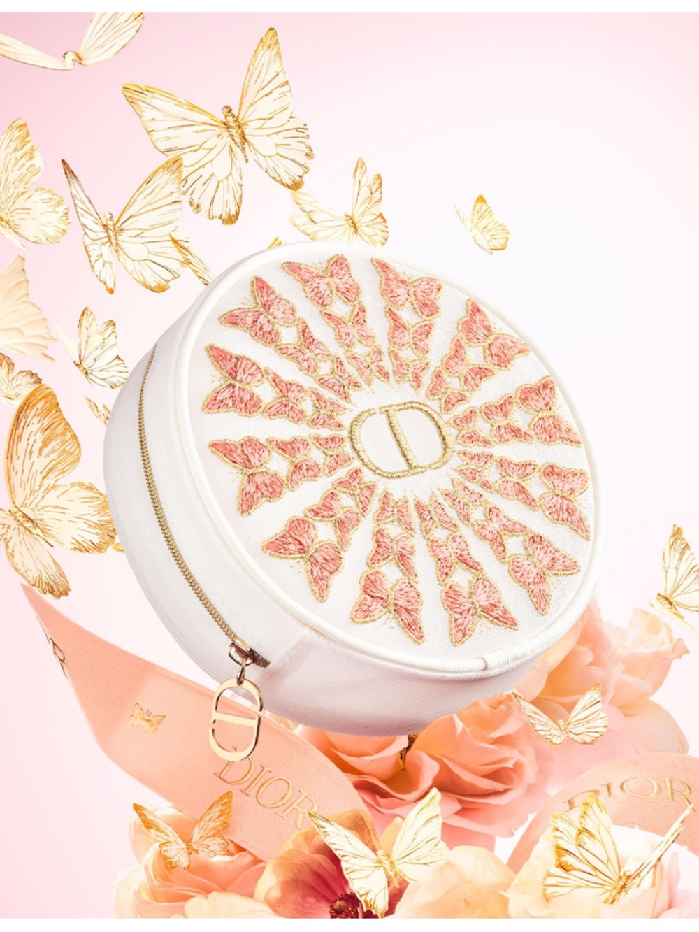 Dior Beauty Pink and Gold Butterfly Embroidered Round Mesh Pouch